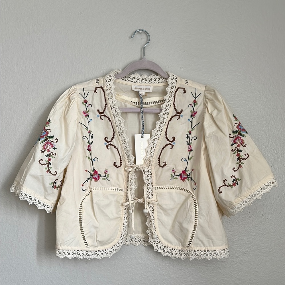 Embroidered Cream Lace Tie-Front Jacket